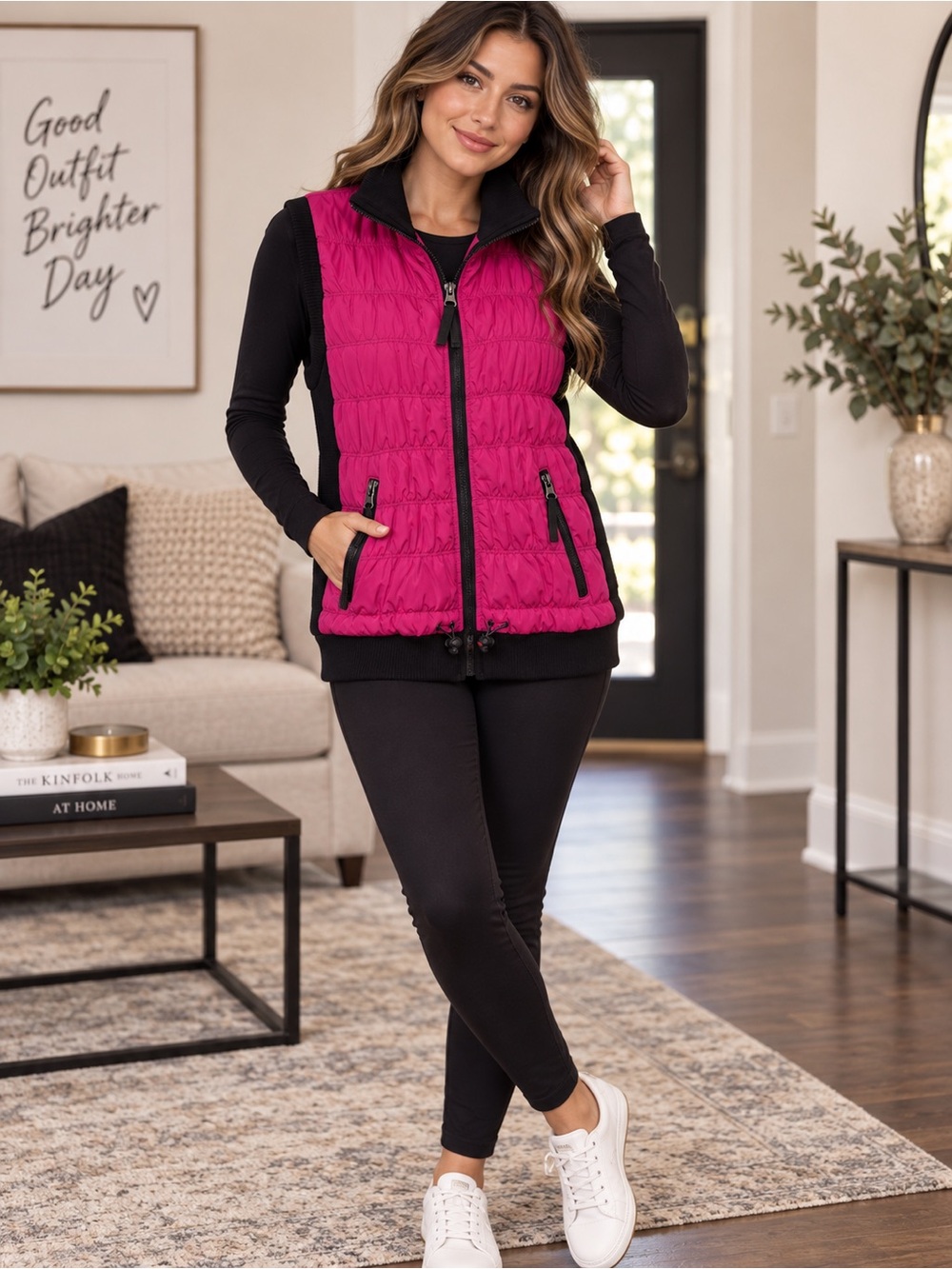 Calvin Klein Hot Pink Quilted Zip-Front Vest Women’s L Puffer Sporty Active